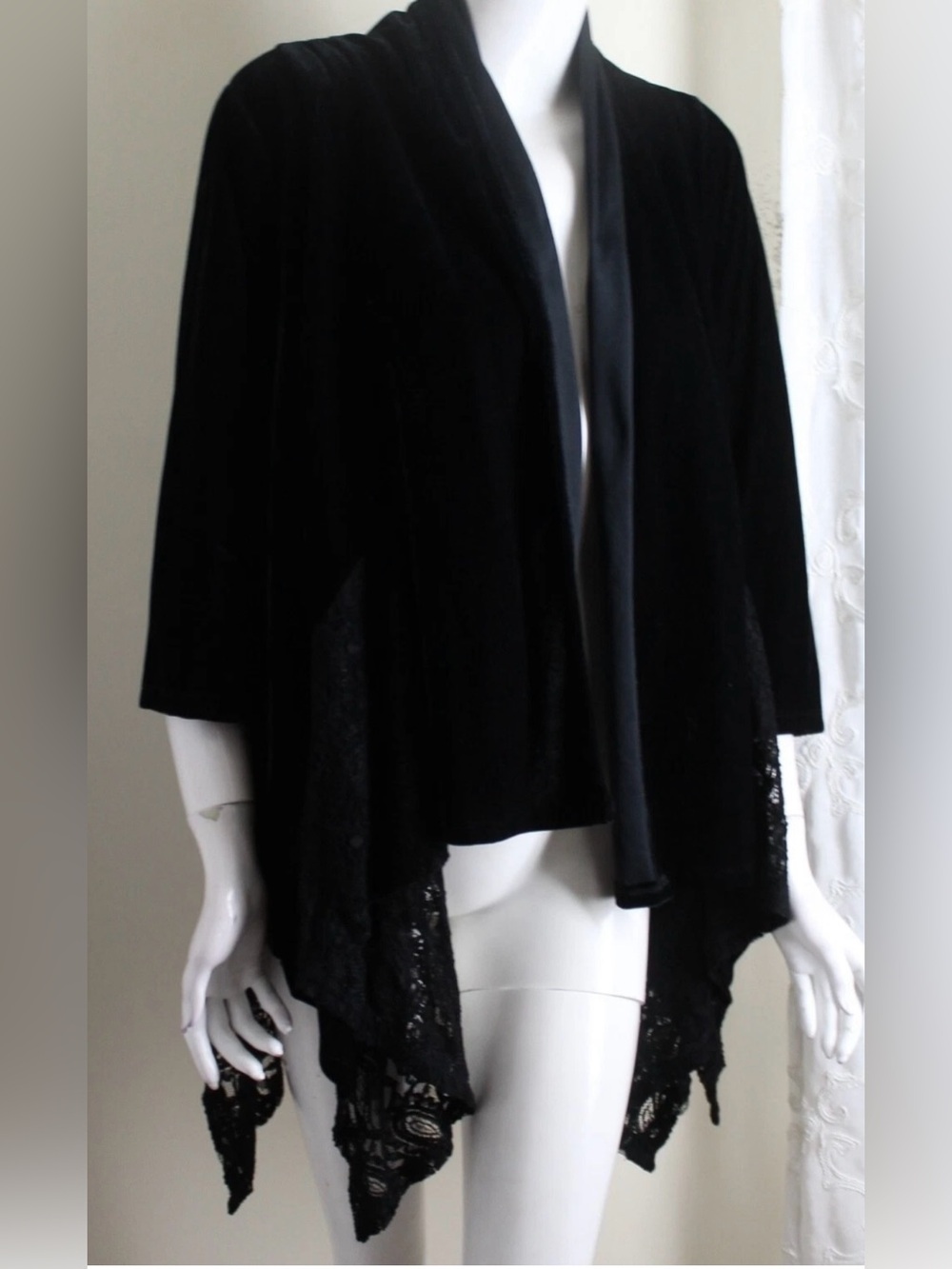 MARIA GABRIELLE Black Velvet Lace Insert Shorter Draped Open Cardigan Size 2X